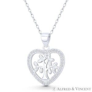 Heart & Tree-of-Life Charm CZ Crystal Pave Pendant in .925 Sterling Silver